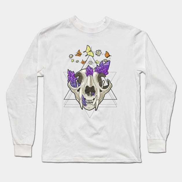 Cat Skull with Crystals, Butterflies, and Geometric Accents Long Sleeve T-Shirt by KMogenArt